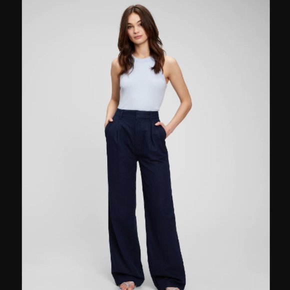 NWT! GAP Uniform Navy High Rise Linen-Cotton Pleated Wide Leg Pants  - Multiple - Picture 1 of 2